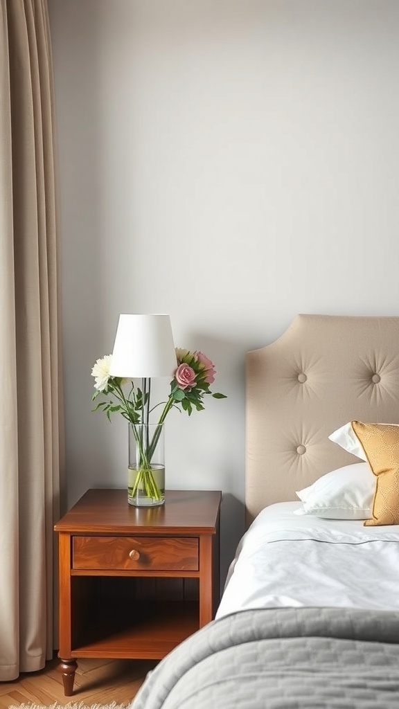 A guest bedroom featuring a bedside table with a vase of fresh flowers, a lamp, and a neatly made bed.