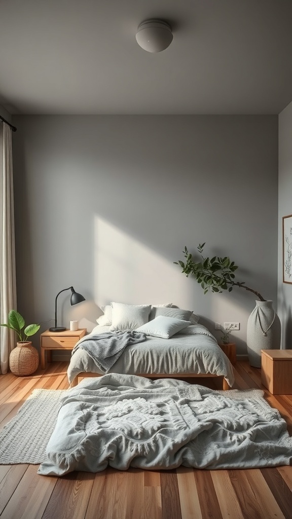 A serene grey bedroom featuring a bed with soft linens, wooden flooring, and a potted plant.