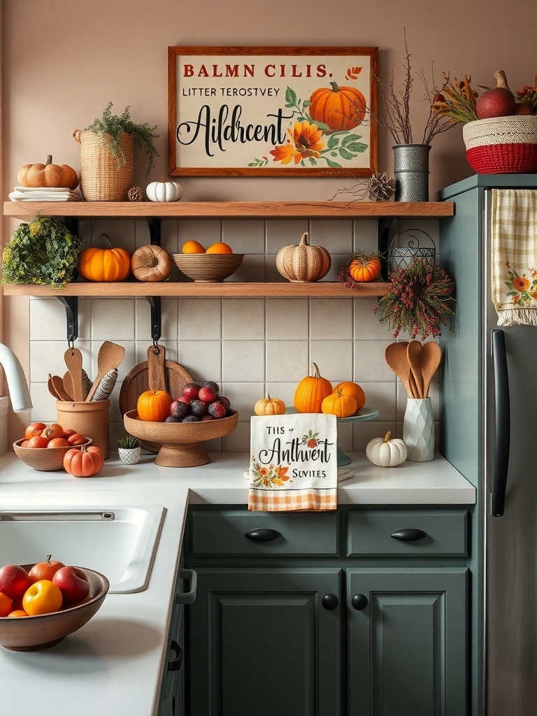 15 Cozy Fall Home Decor Ideas to Transform Your Space 14 A cozy kitchen decorated with pumpkins, fruits, and autumn-themed decor.