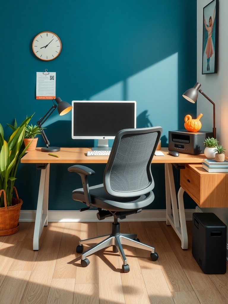9 Inspiring Home Office Layout Ideas for Maximum Productivity 3 A modern home office setup featuring an ergonomic chair, a spacious desk, and plants, with good lighting.