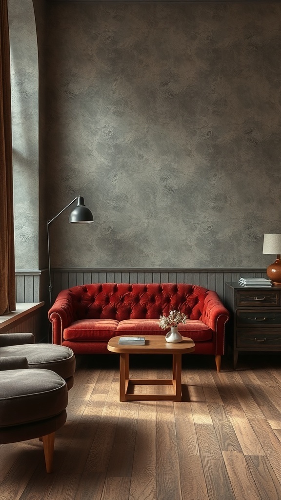 12 Trendy Home Decor Ideas for Millennials 11 Cozy living room with a red tufted sofa, wooden floor, and modern lamp.
