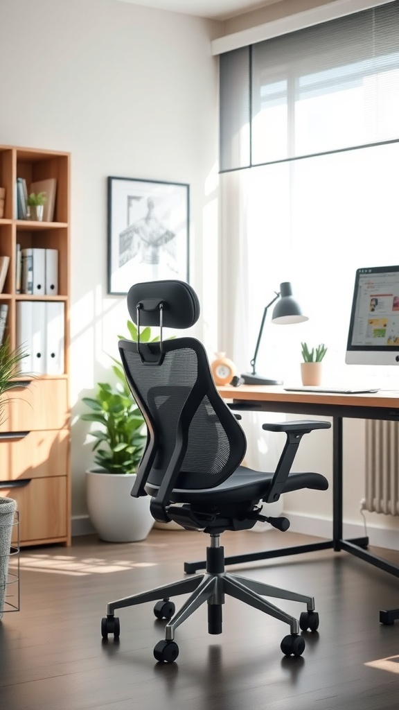 A modern ergonomic chair in a home office setting, featuring a mesh back and adjustable components.