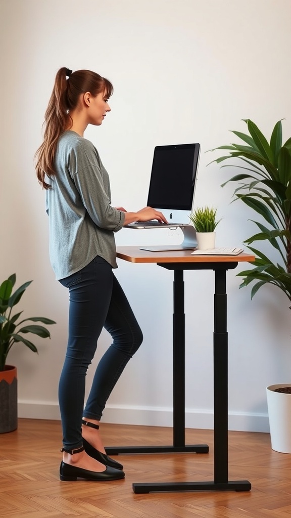 A person standing at a desk, highlighting the benefits of using a standing desk.