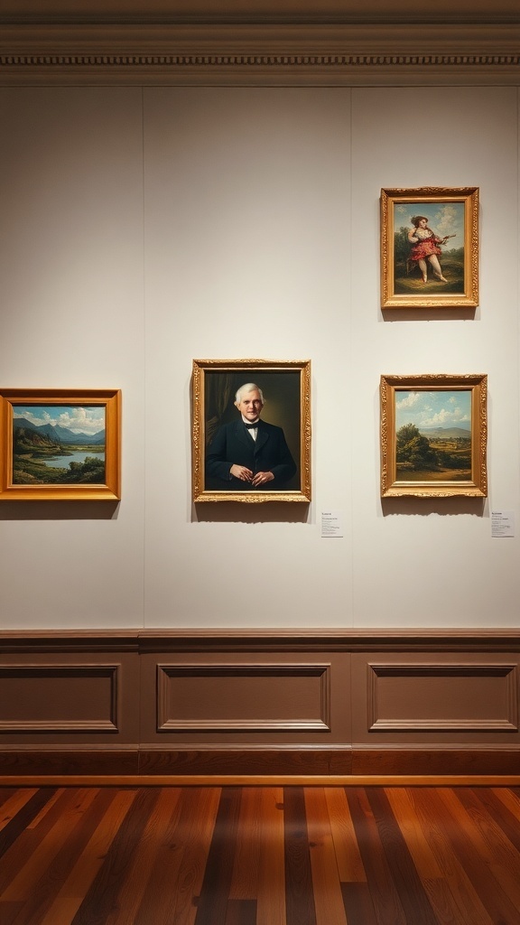 7 Timeless Traditional Home Decor Essentials 5 A gallery wall with framed portraits and landscapes in a traditional setting.