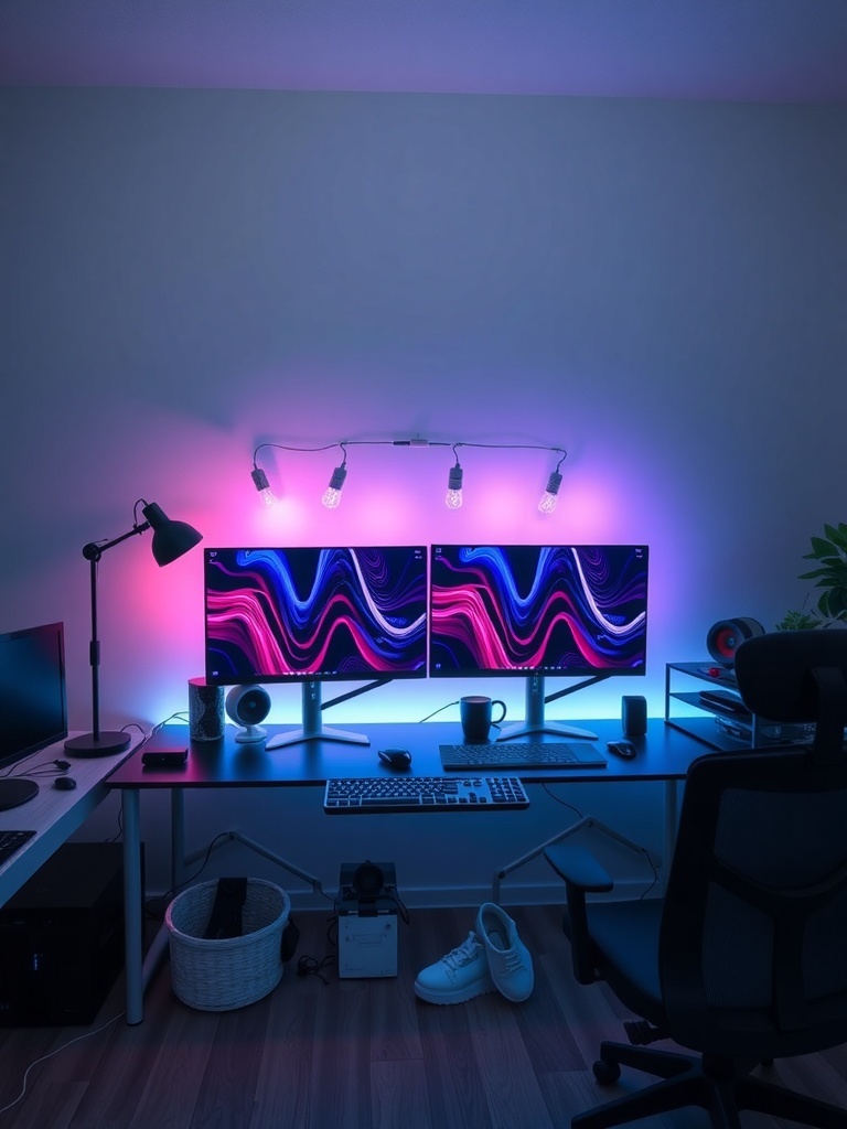 9 Inspiring Home Office Layout Ideas for Maximum Productivity 4 A modern home office setup with dual monitors, a keyboard, and colorful lighting.