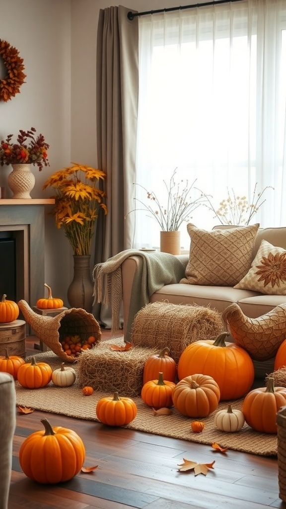 A cozy living room decorated for fall with pumpkins, hay bales, and warm colors.