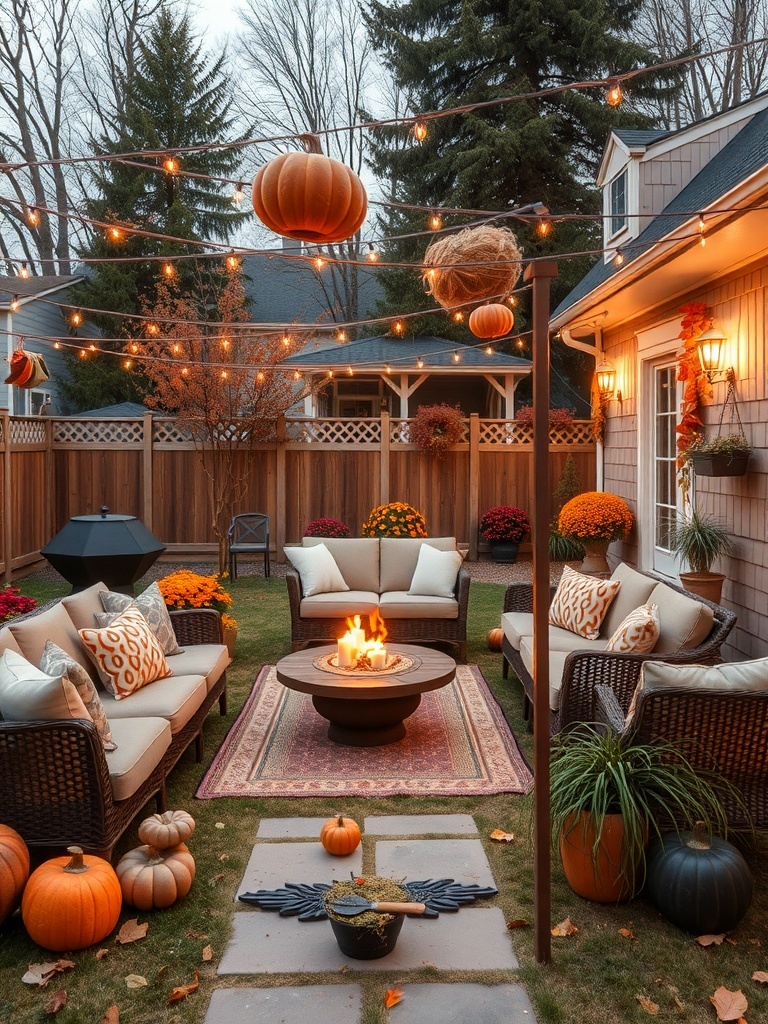 15 Cozy Fall Home Decor Ideas to Transform Your Space 15 Cozy outdoor seating area decorated for autumn with pumpkins and string lights.