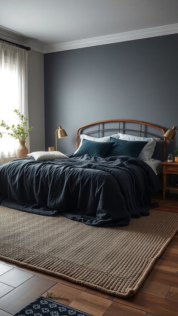 A cozy bedroom featuring a dark bedspread, soft pillows, and a woven rug, with natural light coming through sheer curtains.