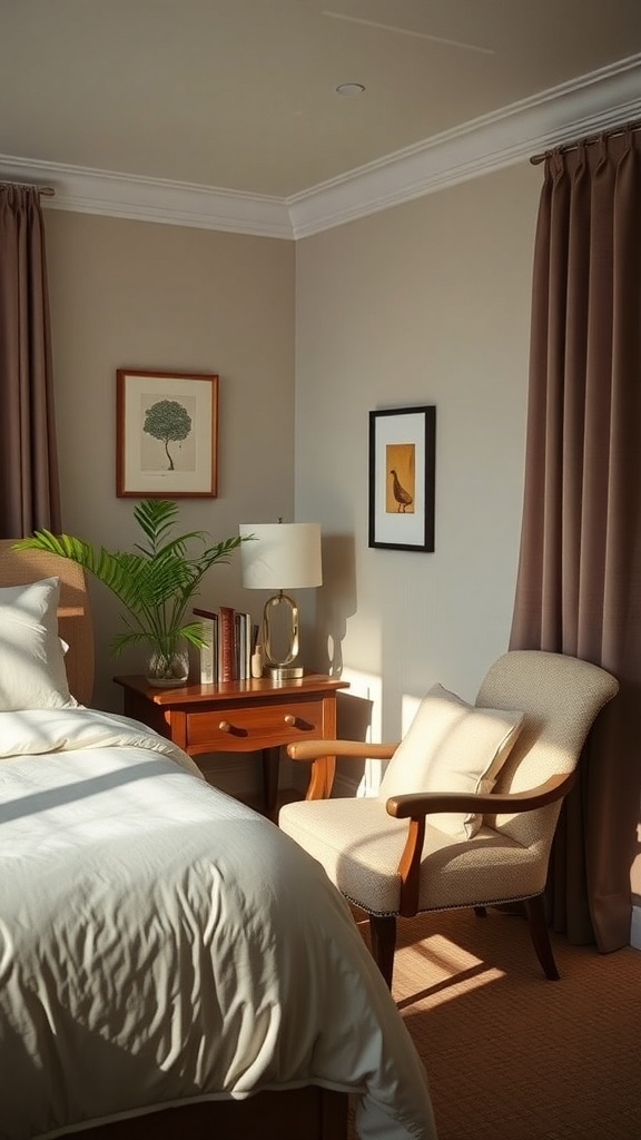 A cozy guest bedroom with a soft chair, side table, and warm lighting.