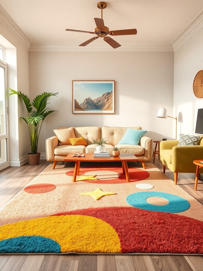 14 Whimsical Home Decor Items to Spark Your Imagination 6 A colorful and playful rug with circles and stars in a cozy living room setting.