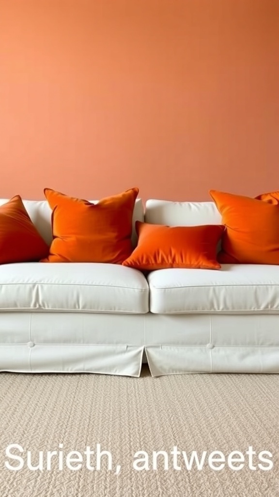 A white sofa adorned with burnt orange accent pillows against a warm orange wall.