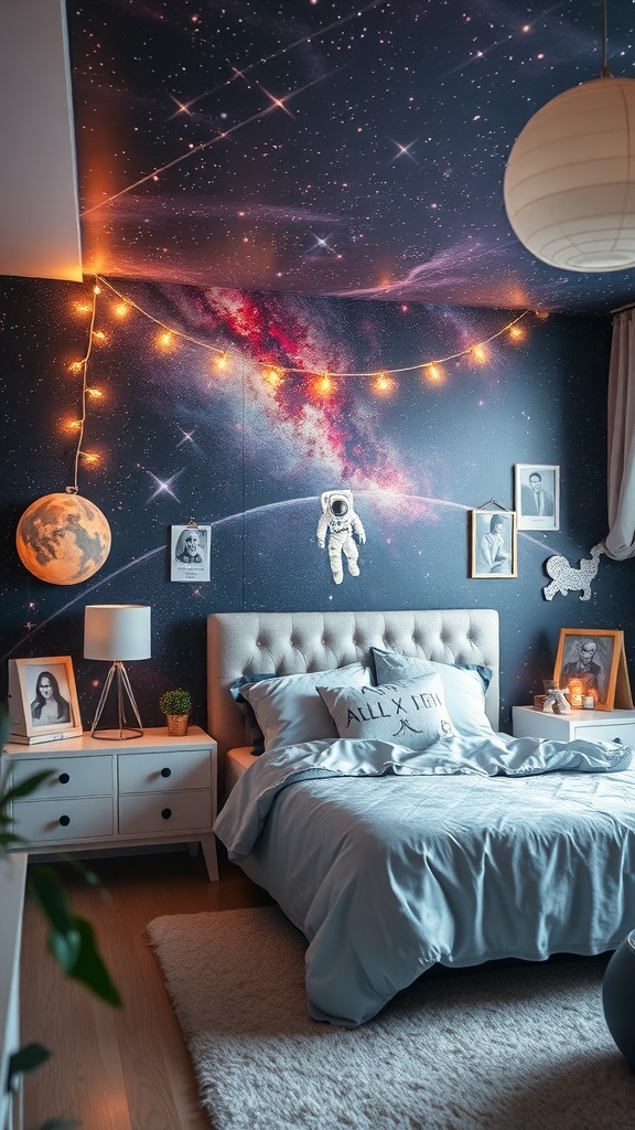 A teen boy's bedroom with galaxy decor, featuring a cosmic mural, string lights, and space-themed decorations.