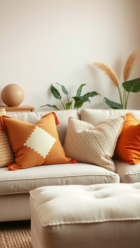 A cozy living room with throw pillows in warm tones on a light sofa.