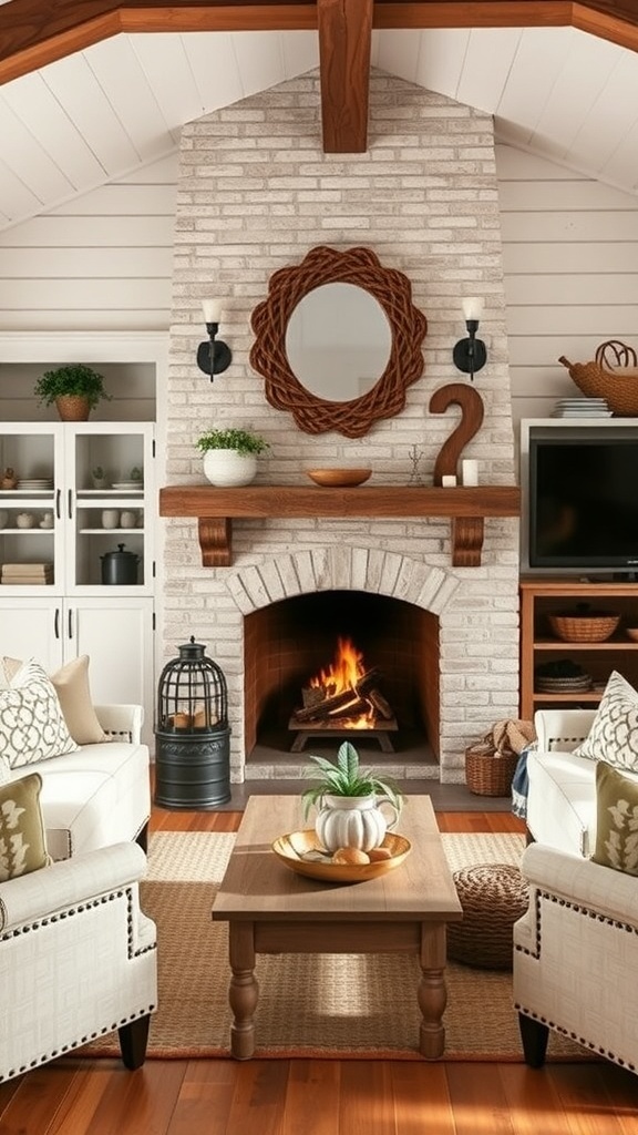Cozy farmhouse living room with a fireplace, wooden beams, and comfortable seating.
