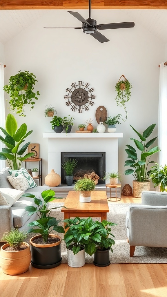 Cozy farmhouse living room with plants and natural decor