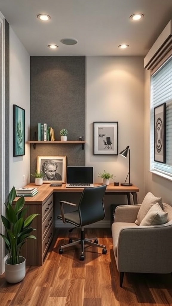 A small home office with soundproof elements, featuring a desk, chair, and plants.