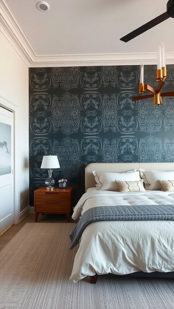 A master bedroom featuring a dark patterned accent wall behind a bed with light bedding and wooden furniture.