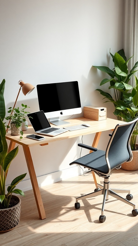 A modern home office setup featuring a wooden desk, ergonomic chair, computer, and plants.