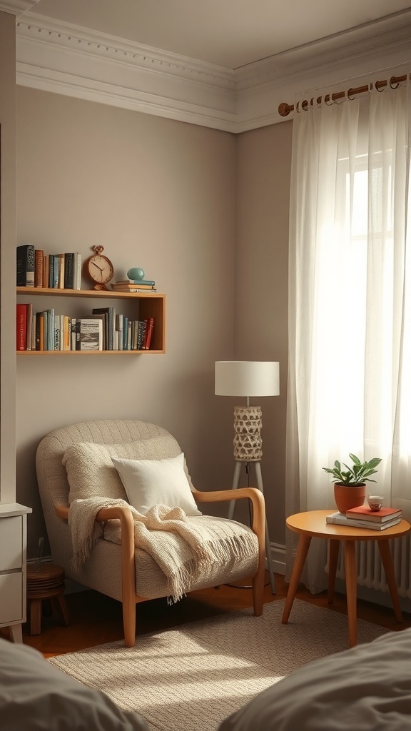 Cozy reading nook in a bedroom with a comfortable chair, side table, lamp, and bookshelves.