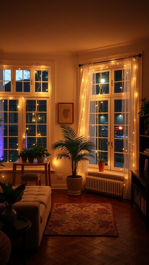 A cozy living room with twinkling string lights around the windows and plants.