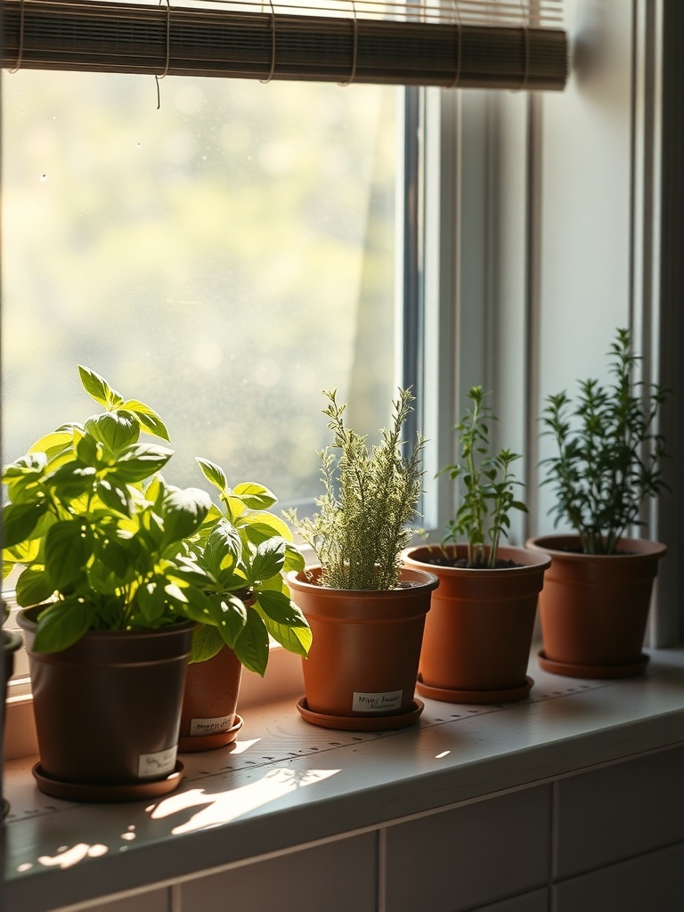 A sunny kitchen windowsill with pots of various herbs like basil, rosemary, and thyme.