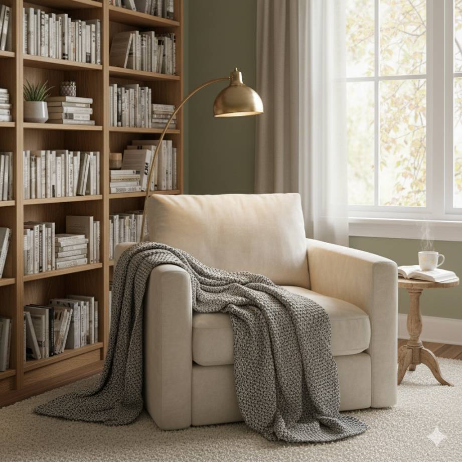 20 Home Décor Ideas Expected to Define 2026 1 A cozy reading nook with a plush armchair a soft blanket and a bookshelf