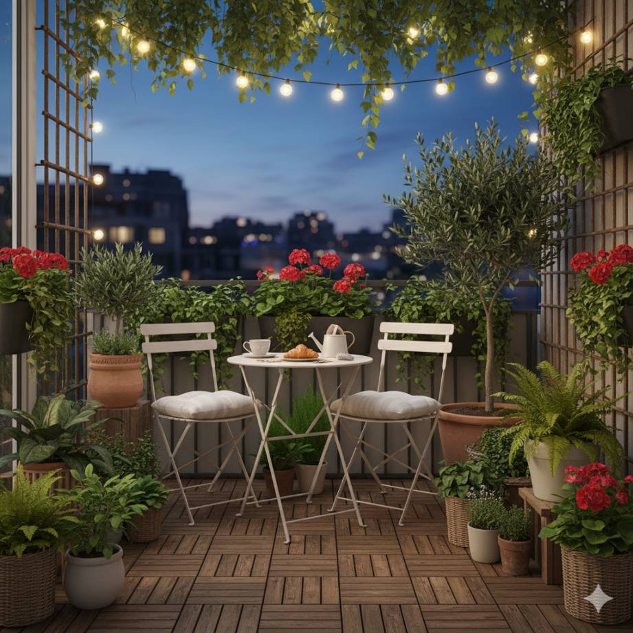 20 Home Décor Ideas Expected to Define 2026 20 A small balcony transformed into a green oasis with potted plants and a small