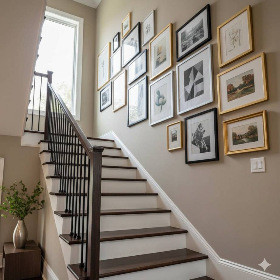 20 Home Décor Ideas Expected to Define 2026 17 A stylish staircase with a gallery wall featuring