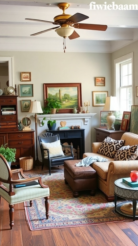 10 Nature-Inspired Items for Earthy Cottage Home Decor 9 A cozy living room with vintage decor, featuring a mix of furniture styles, artwork on the walls, and plants.