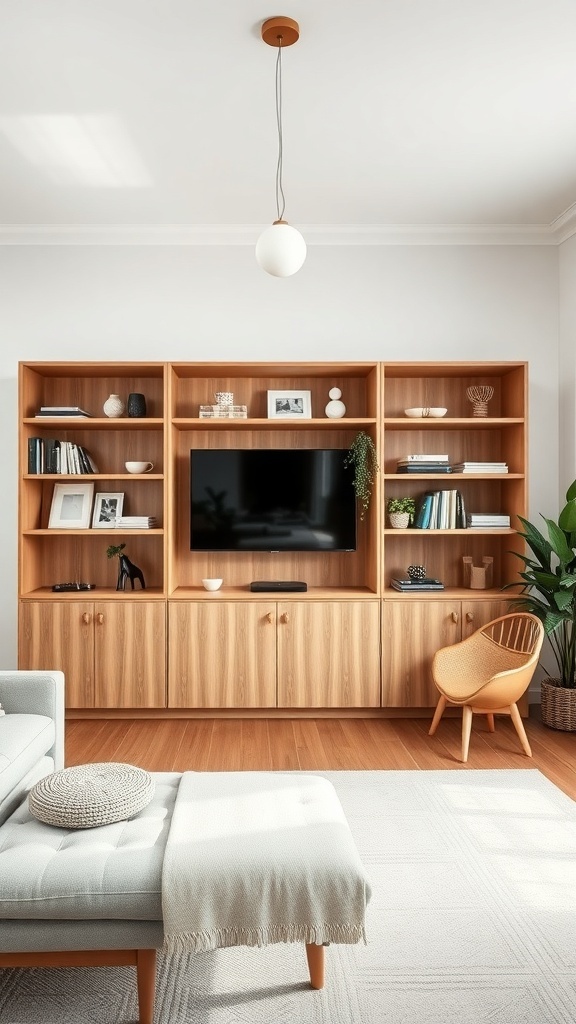 10 Inspiring Nordic Living Room Ideas for a Cozy Home 9 A modern Nordic living room featuring a wooden shelving unit with a TV, decorative items, and a cozy seating area.