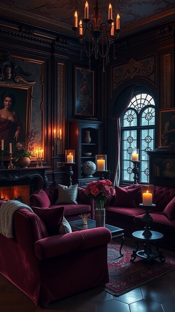 11 Stunning Gothic Home Decor Ideas to Transform Your Space 4 A gothic-inspired living room featuring red velvet sofas, a chandelier, and dark walls.