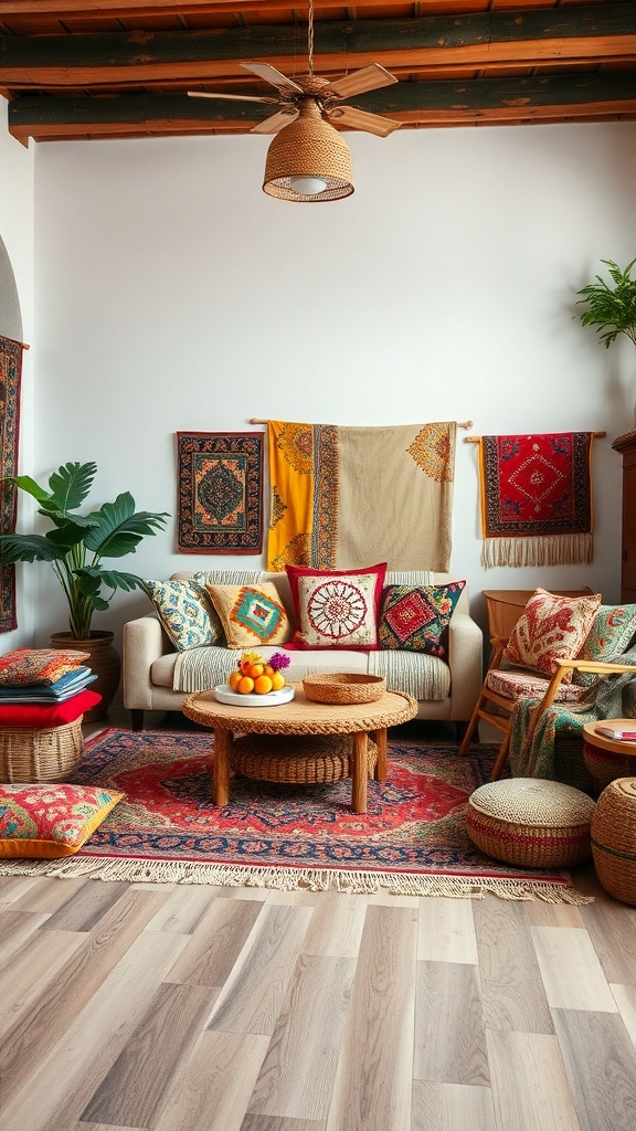 9 Stunning Living Room Designs to Inspire Your Home Makeover 7 A cozy living room featuring eclectic bohemian style with colorful textiles, patterned cushions, and natural materials.