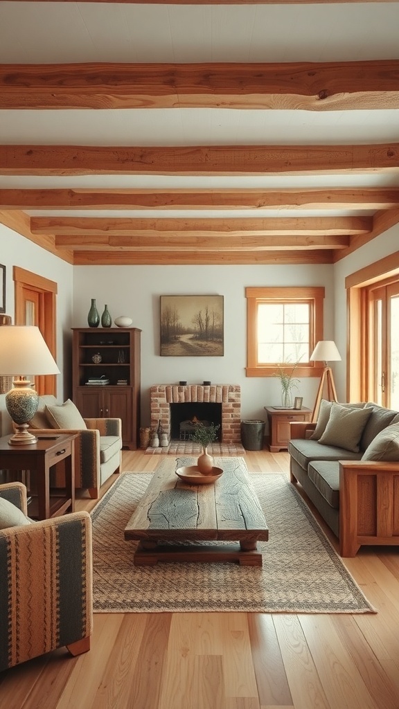 A warm rustic living room featuring natural wood accents, exposed beams, and cozy furniture.
