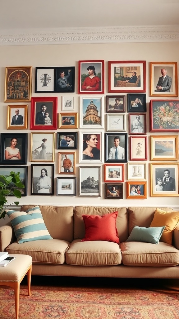 11 Stunning Living Room Inspiration Ideas You'll Love 8 A cozy living room with a gallery wall featuring a variety of framed artworks and photographs.