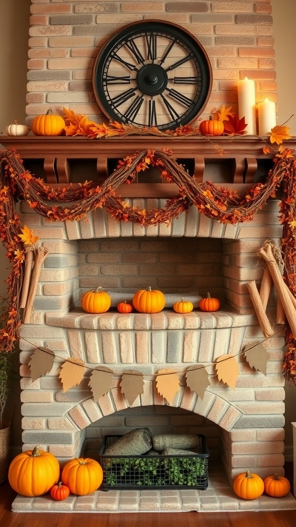 10 Cozy Fall Decor Ideas to Transform Your Home 10 A cozy fireplace decorated for fall with pumpkins, leaves, and candles.