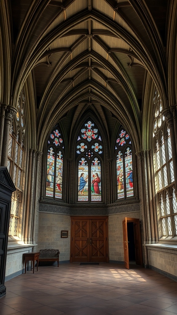 11 Stunning Gothic Home Decor Ideas to Transform Your Space 11 Interior of a Gothic-style room featuring pointed arches and stained glass windows.