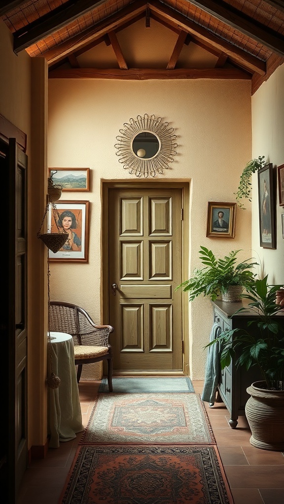 10 Nature-Inspired Items for Earthy Cottage Home Decor 1 A cozy hallway with warm colors, wooden beams, plants, and artwork.