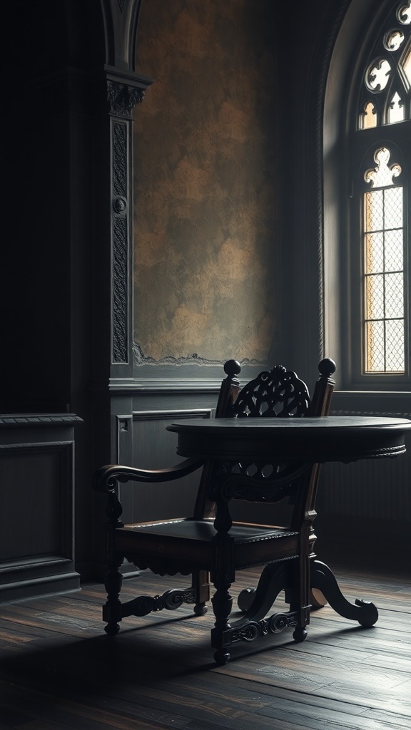 11 Stunning Gothic Home Decor Ideas to Transform Your Space 1 A gothic-inspired room featuring an antique wooden chair and table, with an ornate window casting light.