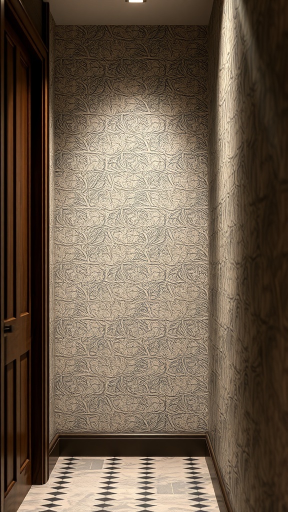 A hallway with textured wallpaper featuring an organic pattern and wooden accents.