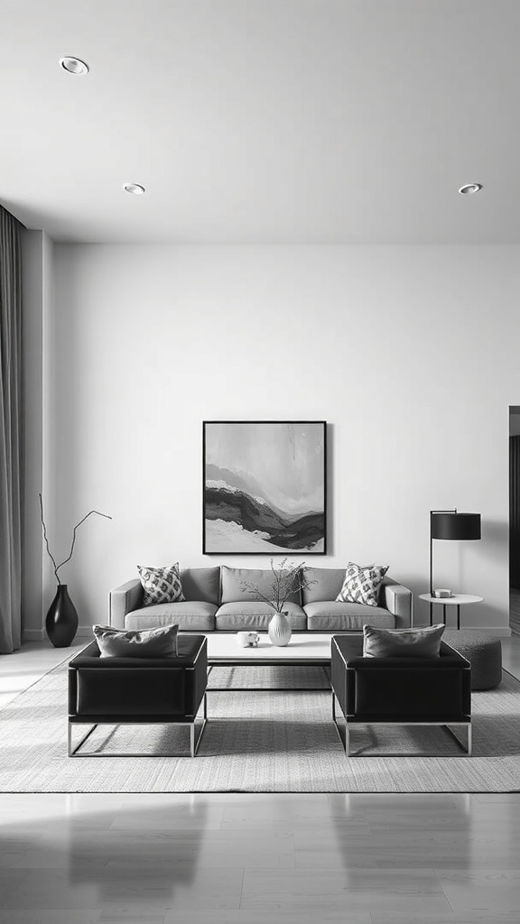 9 Stunning Living Room Designs to Inspire Your Home Makeover 5 A modern living room featuring a gray sofa, black armchairs, and an abstract art piece on the wall.