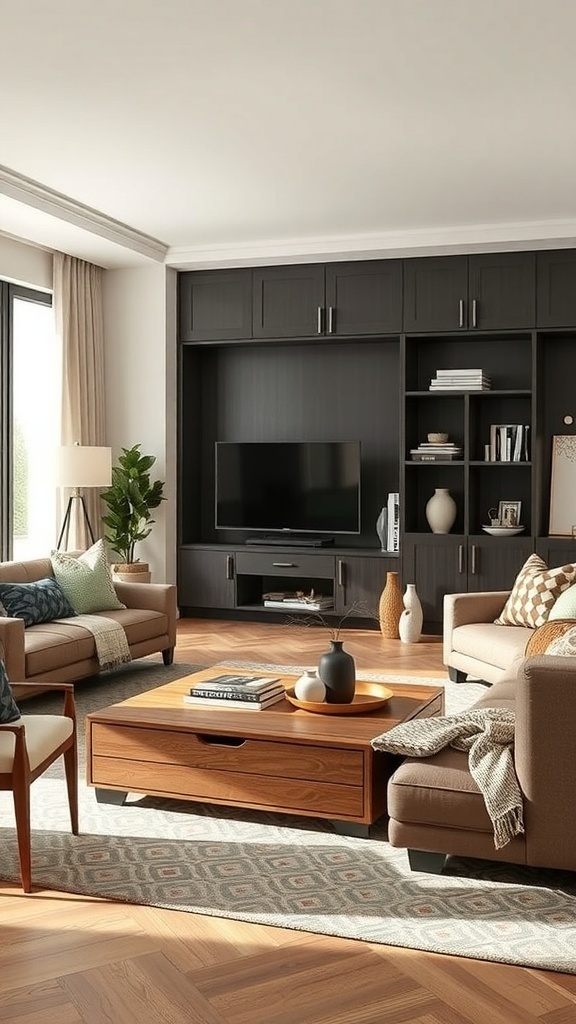 10 Inspiring Nordic Living Room Ideas for a Cozy Home 8 A modern Nordic living room featuring cozy sofas, a stylish coffee table, and a wall unit with storage.