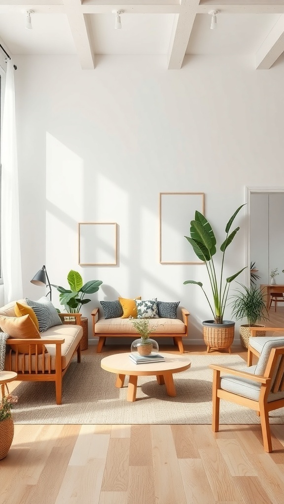 9 Stunning Living Room Designs to Inspire Your Home Makeover 1 A minimalist living room featuring natural wood furniture, plants, and a light color palette.