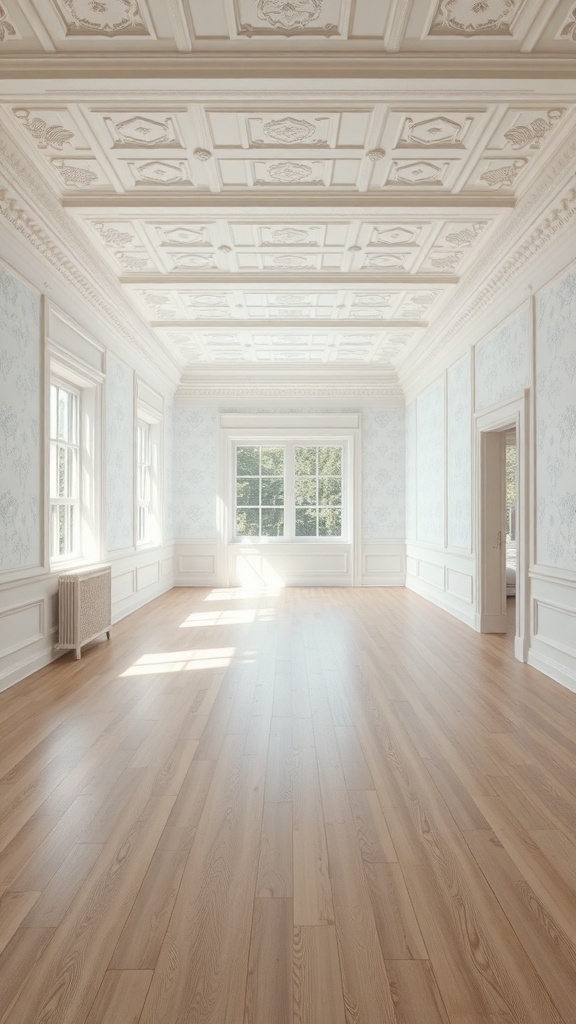 10 Stunning White Wallpaper Ideas to Brighten Your Space 1 A spacious room with white wallpaper and a detailed ceiling, featuring large windows and light wood flooring.