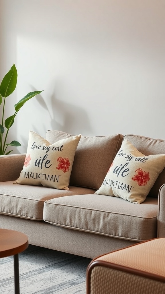 10 Creative DIY Home Decor Ideas to Transform Your Space 1 Cozy sofa with customized throw pillows featuring unique designs and floral patterns.