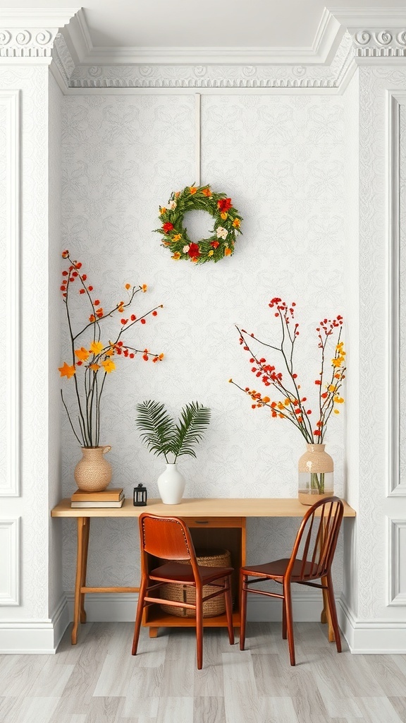 10 Stunning White Wallpaper Ideas to Brighten Your Space 9 A cozy corner with white wallpaper, featuring a wreath and colorful floral arrangements.