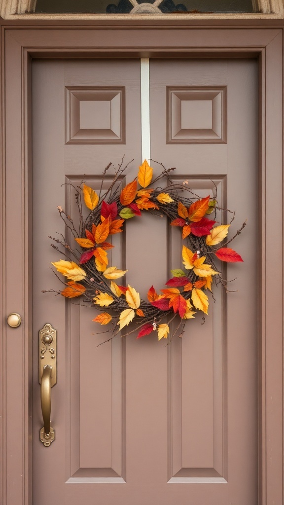 10 Cozy Fall Decor Ideas to Transform Your Home 1 A DIY wreath made of colorful fall leaves hanging on a door.
