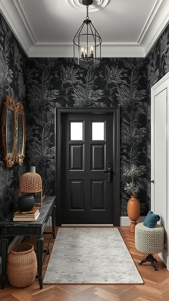 12 Stunning Black Wallpaper Ideas to Elevate Your Space 9 An entryway featuring black wallpaper with leaf patterns, a black door, and stylish decor.