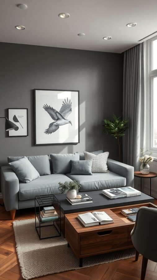 A contemporary living room featuring a gray sofa, a multi-functional coffee table, and decorative elements.