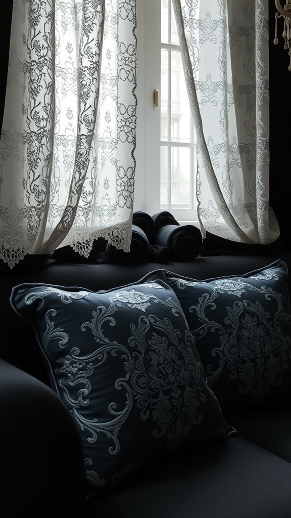 11 Stunning Gothic Home Decor Ideas to Transform Your Space 8 A cozy gothic-inspired living space featuring lace curtains and dark brocade pillows.