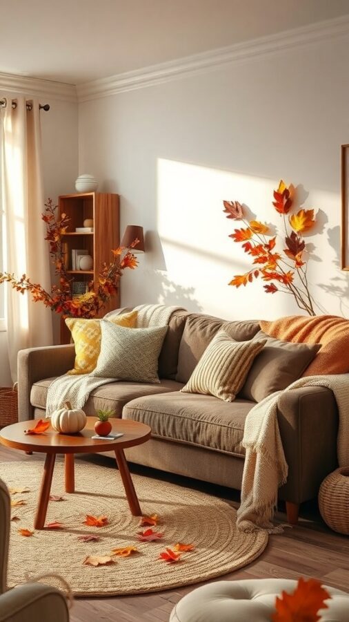 Cozy living room decorated for autumn with a sofa, pillows, autumn leaves, and seasonal decor.